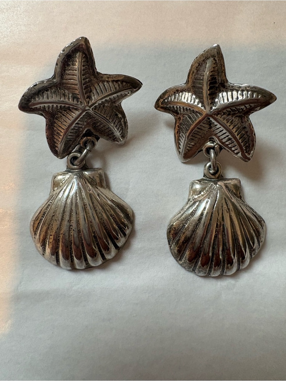 Stunning Vintage Taxco Silver Starfish and Scallop Shell Drop Earrings
